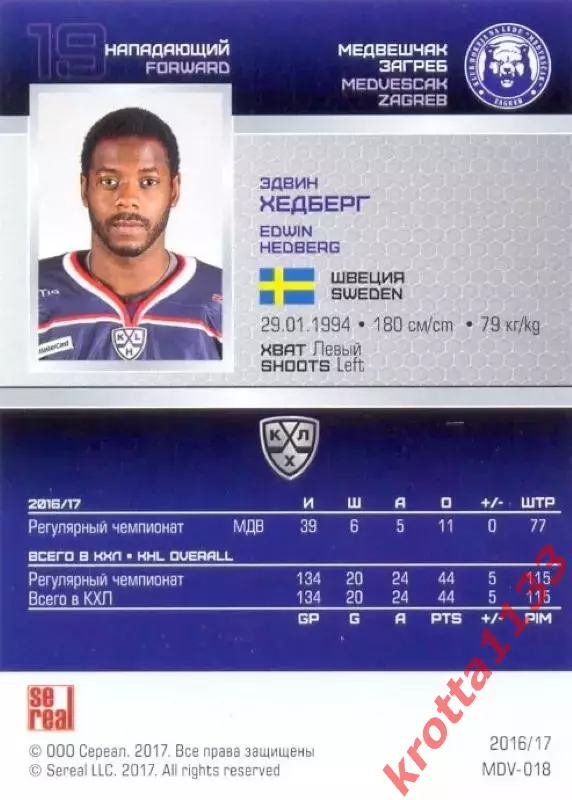 Эдвин Хедберг Медвешчак Загреб SeReal Карточки КХЛ 2016-2017 1