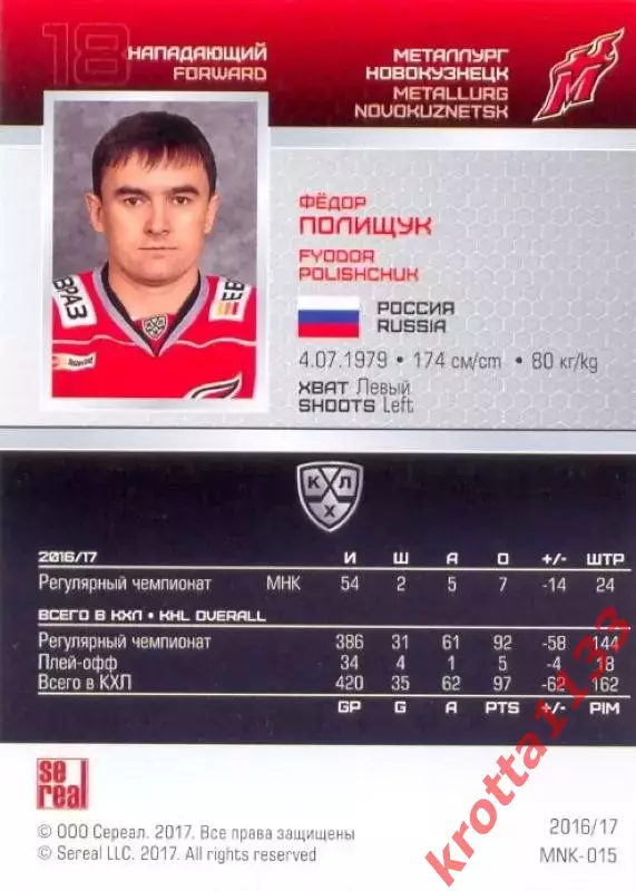 Фёдор Полищук Металлург Новокузнецк SeReal Карточки КХЛ 2016-2017 1