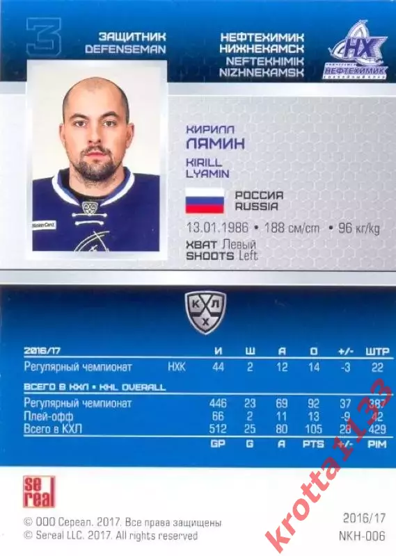 Кирилл Лямин Нефтехимик Нижнекамск SeReal Карточки КХЛ 2016-2017 1