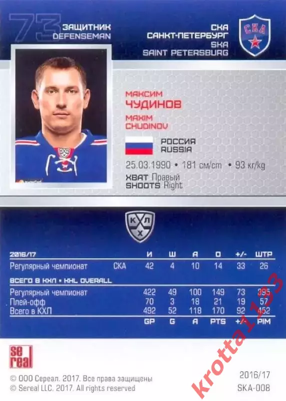 Максим Чудинов СКА Санкт-Петербург SeReal Карточки КХЛ 2016-2017 1