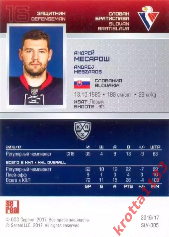 Андрей Месарош Слован Братислава SeReal Карточки КХЛ 2016-2017 1