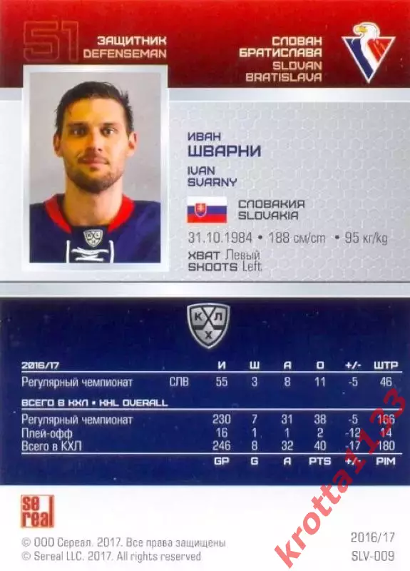 Иван Шварни Слован Братислава SeReal Карточки КХЛ 2016-2017 1