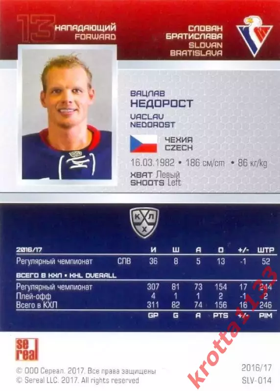 Вацлав Недорост Слован Братислава SeReal Карточки КХЛ 2016-2017 1