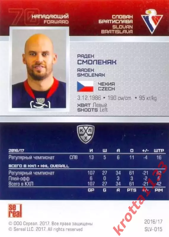 Радек Смоленяк Слован Братислава SeReal Карточки КХЛ 2016-2017 1