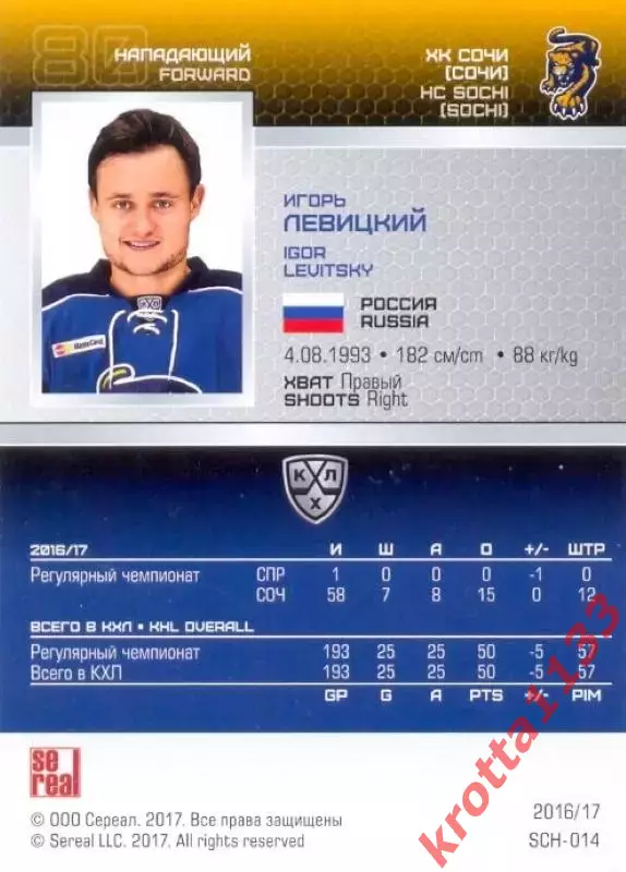 Игорь Левицкий ХК Сочи SeReal Карточки КХЛ 2016-2017 1