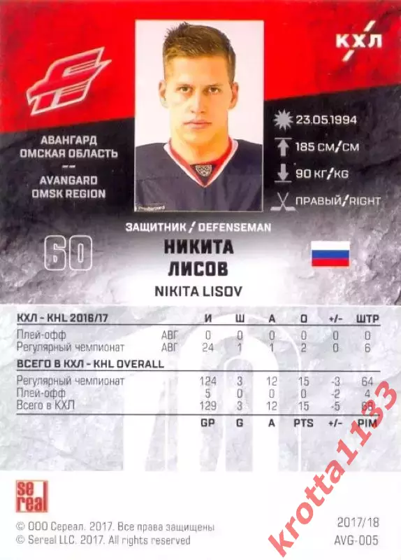 Никита Лисов Авангард Омск SeReal Карточки КХЛ 2017-2018 1