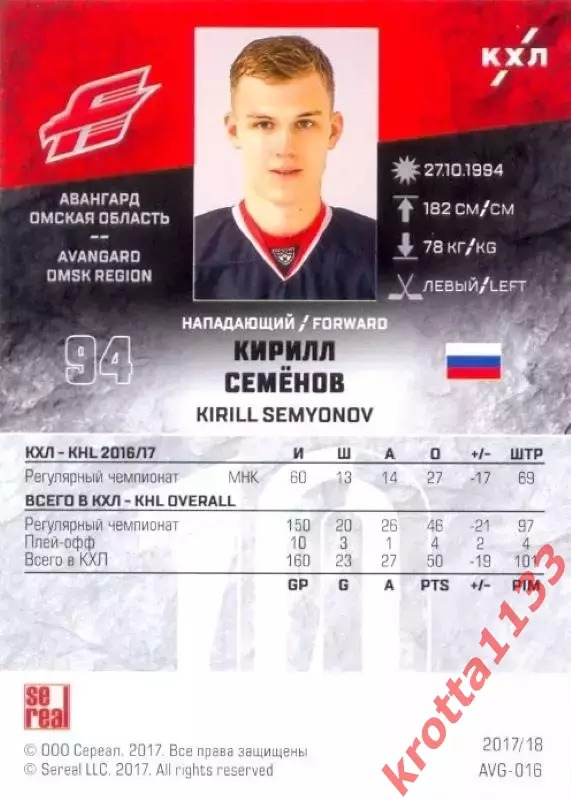 Кирилл Семёнов Авангард Омск SeReal Карточки КХЛ 2017-2018 1