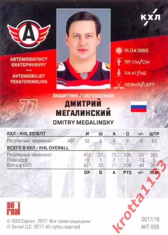 Дмитрий Мегалинский Автомобилист Екатеринбург SeReal Карточки КХЛ 2017-2018 1