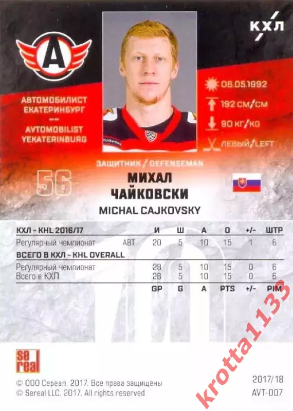 Михал Чайковски Автомобилист Екатеринбург SeReal Карточки КХЛ 2017-2018 1