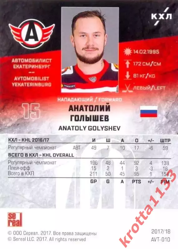 Анатолий Голышев Автомобилист Екатеринбург SeReal Карточки КХЛ 2017-2018 1