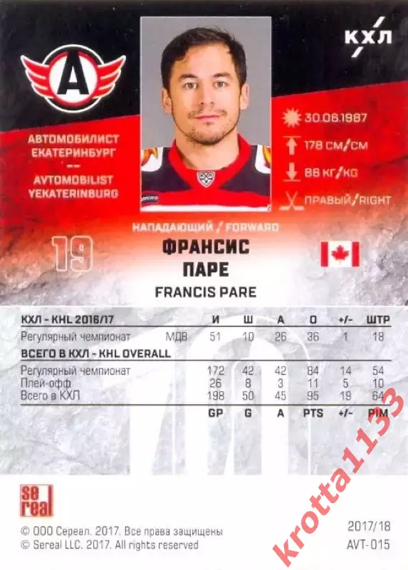 Франсис Паре Автомобилист Екатеринбург SeReal Карточки КХЛ 2017-2018 1