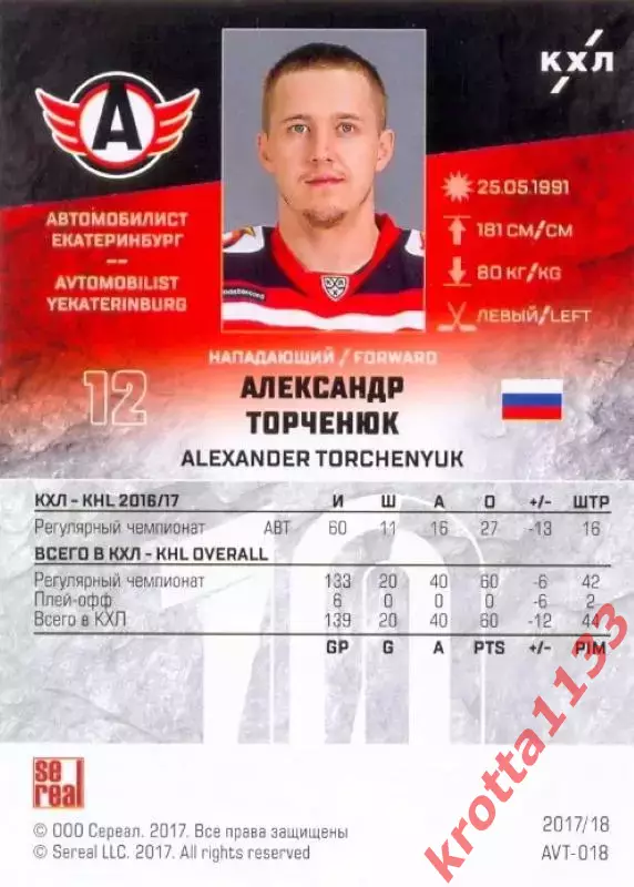 Александр Торченюк Автомобилист Екатеринбург SeReal Карточки КХЛ 2017-2018 1