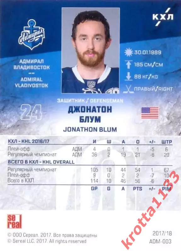 Джонатон Блум Адмирал Владивосток SeReal Карточки КХЛ 2017-2018 1