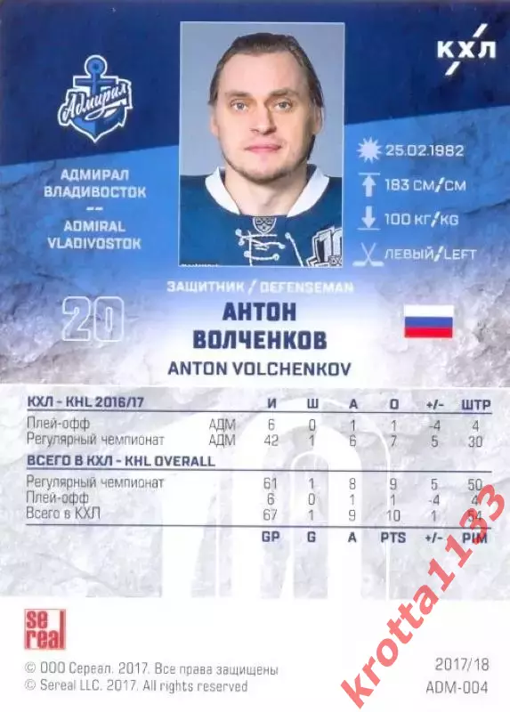 Антон Волченков Адмирал Владивосток SeReal Карточки КХЛ 2017-2018 1