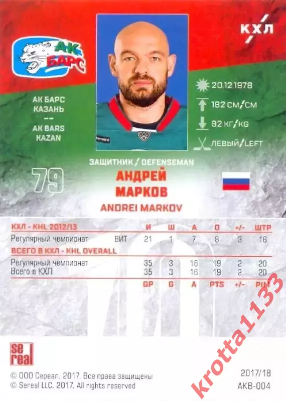 Андрей Марков Ак Барс Казань SeReal Карточки КХЛ 2017-2018 1