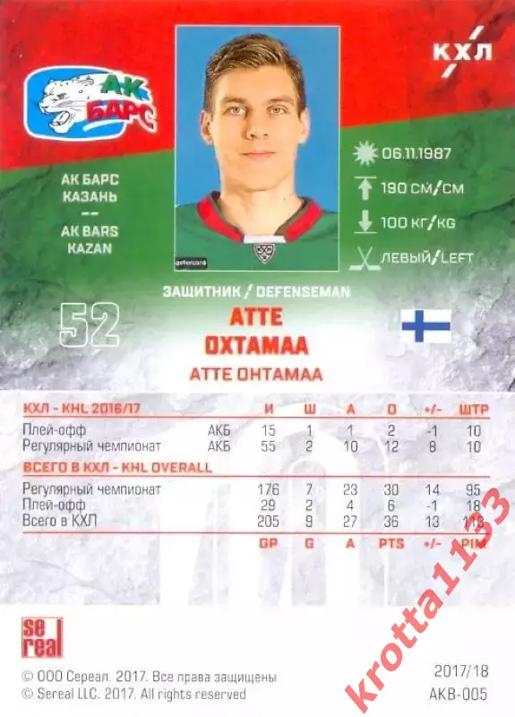 Атте Охтамаа Ак Барс Казань SeReal Карточки КХЛ 2017-2018 1