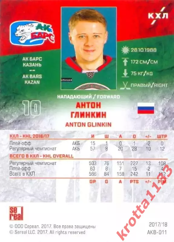 Антон Глинкин Ак Барс Казань SeReal Карточки КХЛ 2017-2018 1