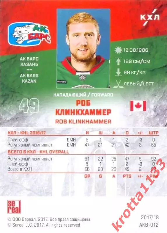 Роб Клинкхаммер Ак Барс Казань SeReal Карточки КХЛ 2017-2018 1