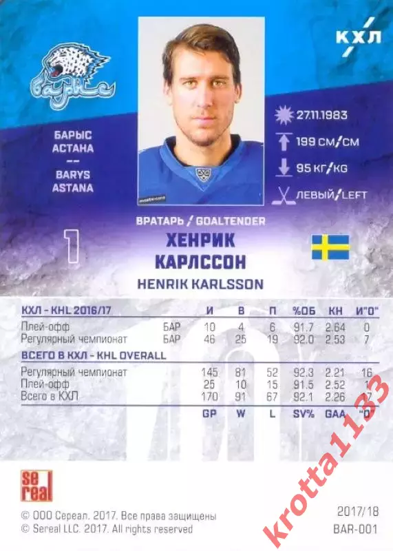 Хенрик Карлссон Барыс Астана SeReal Карточки КХЛ 2017-2018 1