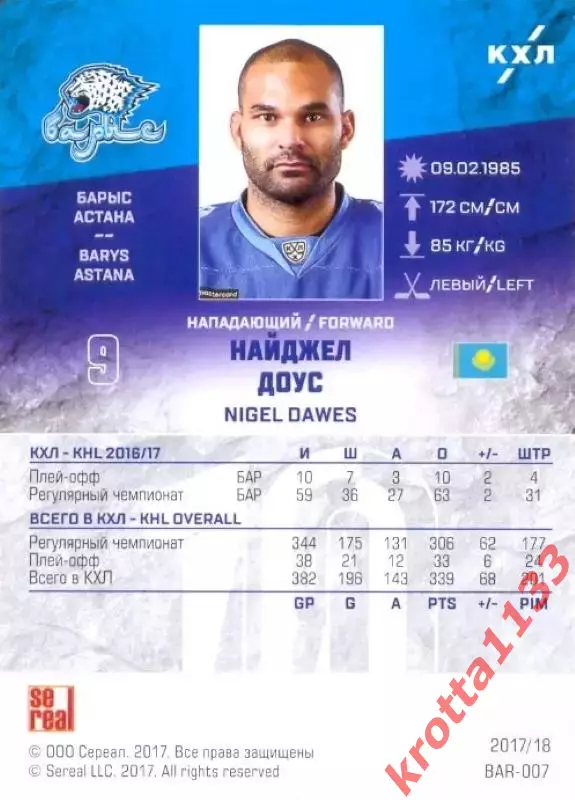 Найджел Доус Барыс Астана SeReal Карточки КХЛ 2017-2018 1