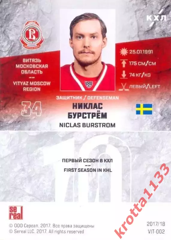 Никлас Бурстрём Витязь Московская область SeReal Карточки КХЛ 2017-2018 1