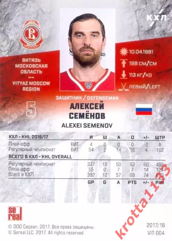 Алексей Семёнов Витязь Московская область SeReal Карточки КХЛ 2017-2018 1