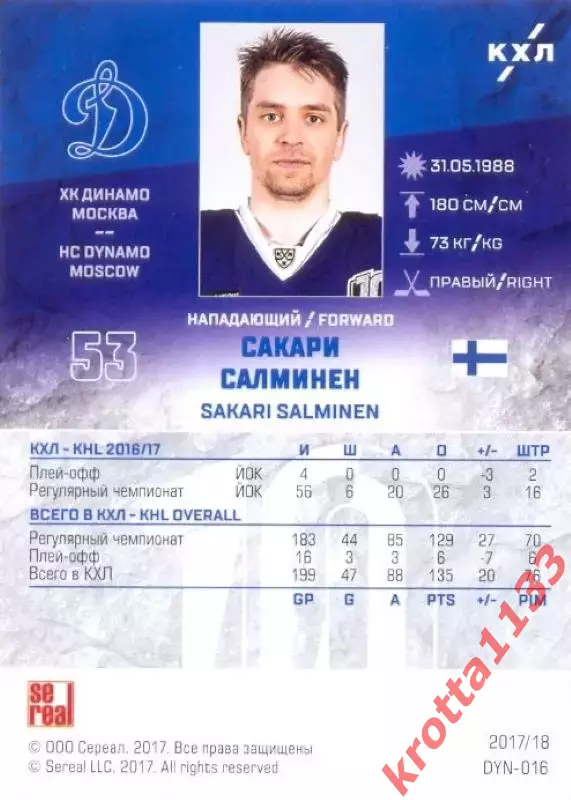 Сакари Салминен Динамо Москва SeReal Карточки КХЛ 2017-2018 1