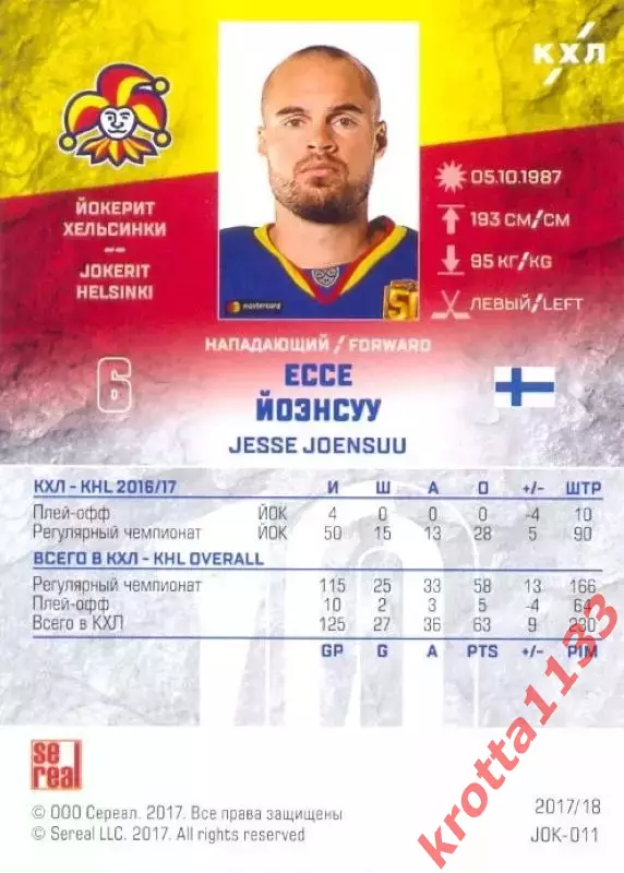 Ессе Йоэнсуу Йокерит Хельсинки SeReal Карточки КХЛ 2017-2018 1