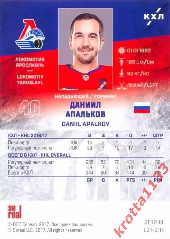 Даниил Апальков Локомотив Ярославль SeReal Карточки КХЛ 2017-2018 1