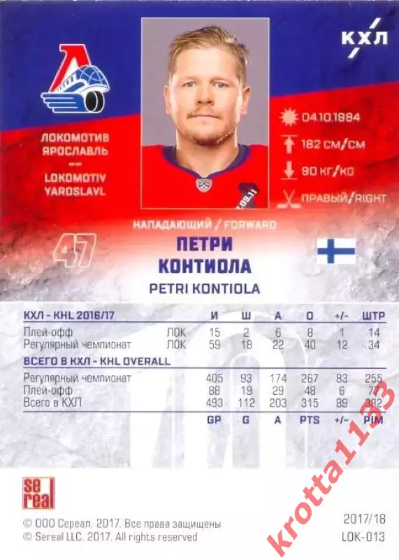 Петри Контиола Локомотив Ярославль SeReal Карточки КХЛ 2017-2018 1