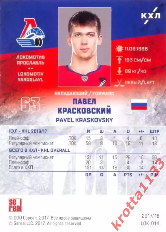 Павел Красковский Локомотив Ярославль SeReal Карточки КХЛ 2017-2018 1