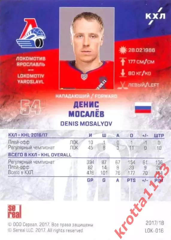 Денис Мосалёв Локомотив Ярославль SeReal Карточки КХЛ 2017-2018 1