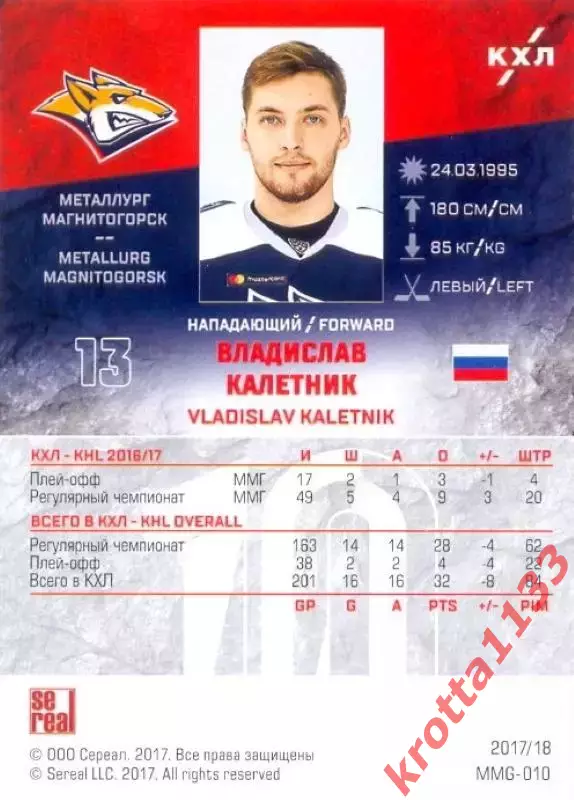 Владислав Калетник Металлург Магнитогорск SeReal Карточки КХЛ 2017-2018 1
