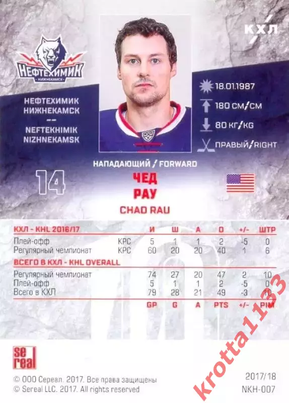 Чед Рау Нефтехимик Нижнекамск SeReal Карточки КХЛ 2017-2018 1