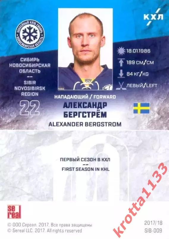 Александр Бергстрём Сибирь Новосибирск SeReal Карточки КХЛ 2017-2018 1