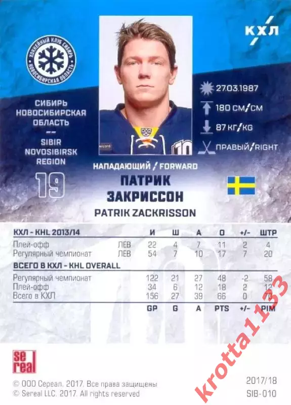 Патрик Закриссон Сибирь Новосибирск SeReal Карточки КХЛ 2017-2018 1
