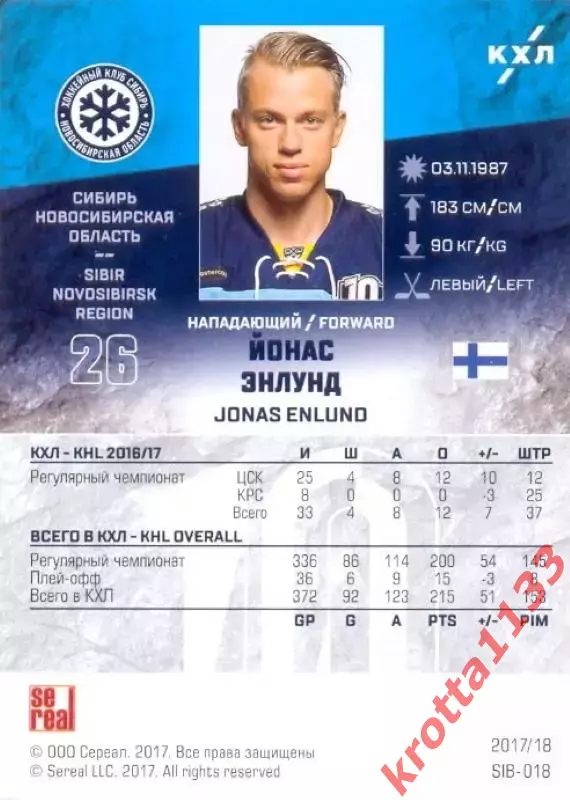 Йонас Энлунд Сибирь Новосибирск SeReal Карточки КХЛ 2017-2018 1