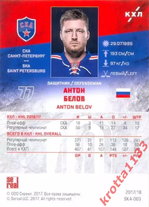 Антон Белов СКА Санкт-Петербург SeReal Карточки КХЛ 2017-2018 1