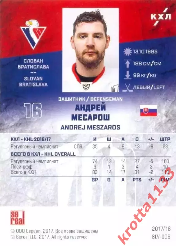 Андрей Месарош Слован Братислава SeReal Карточки КХЛ 2017-2018 1