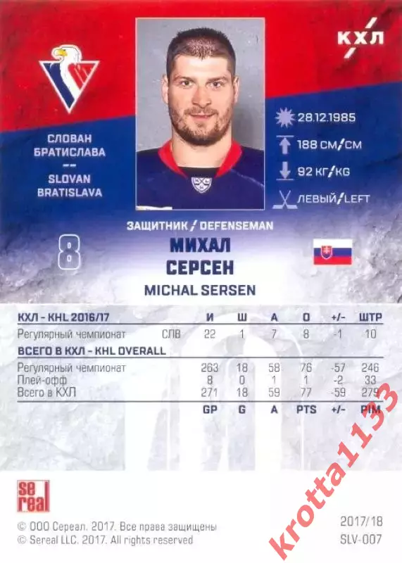 Михал Серсен Слован Братислава SeReal Карточки КХЛ 2017-2018 1