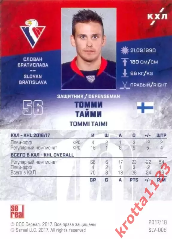Томми Тайми Слован Братислава SeReal Карточки КХЛ 2017-2018 1