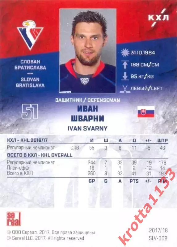 Иван Шварни Слован Братислава SeReal Карточки КХЛ 2017-2018 1