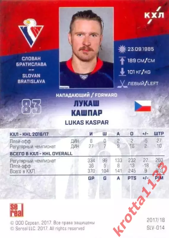 Лукаш Кашпар Слован Братислава SeReal Карточки КХЛ 2017-2018 1