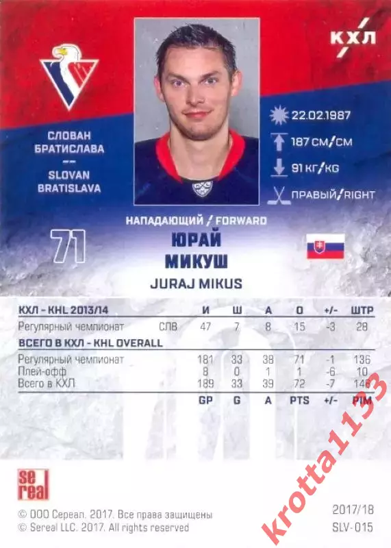 Юрай Микуш Слован Братислава SeReal Карточки КХЛ 2017-2018 1