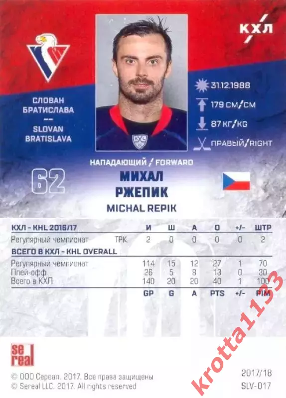 Михал Ржепик Слован Братислава SeReal Карточки КХЛ 2017-2018 1