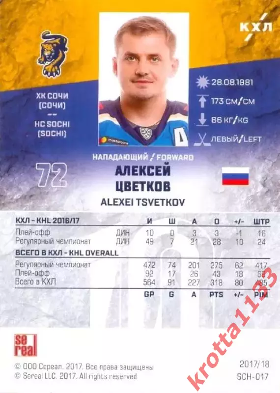 Алексей Цветков ХК Сочи (Сочи) SeReal Карточки КХЛ 2017-2018 1