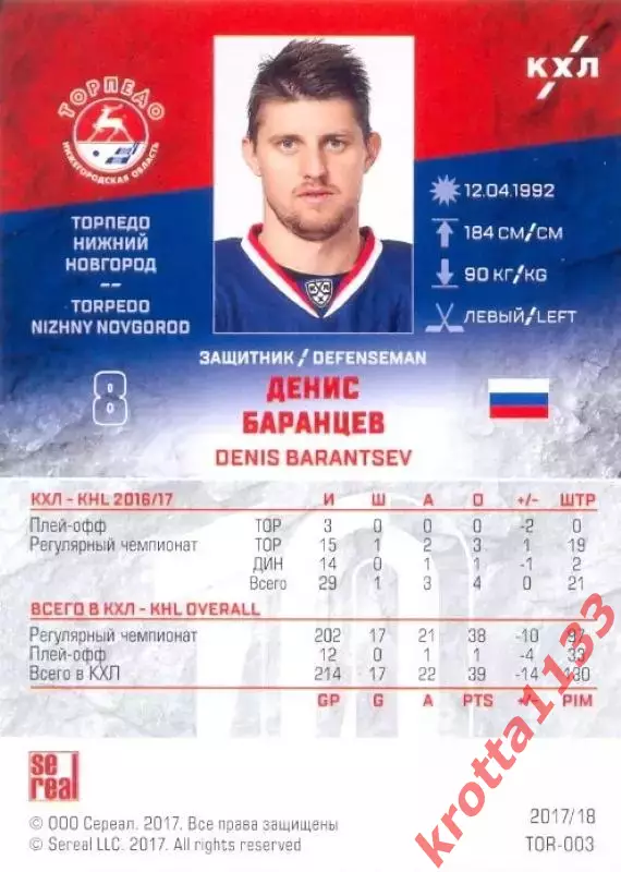 Денис Баранцев Торпедо Нижний Новгород SeReal Карточки КХЛ 2017-2018 1