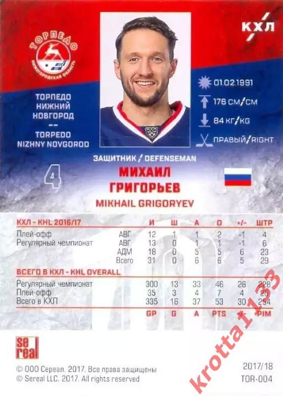 Михаил Григорьев Торпедо Нижний Новгород SeReal Карточки КХЛ 2017-2018 1
