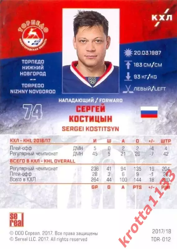 Сергей Костицын Торпедо Нижний Новгород SeReal Карточки КХЛ 2017-2018 1
