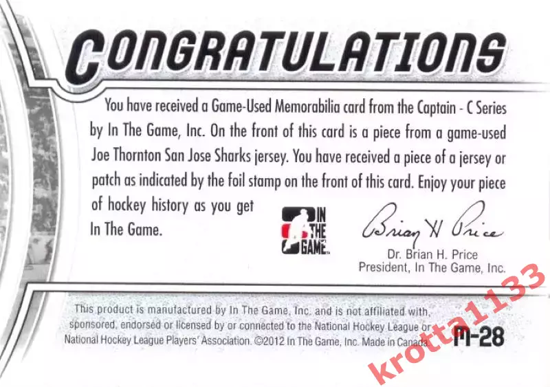 Joe Thornton San Jose Sharks ITG Captain-C 1